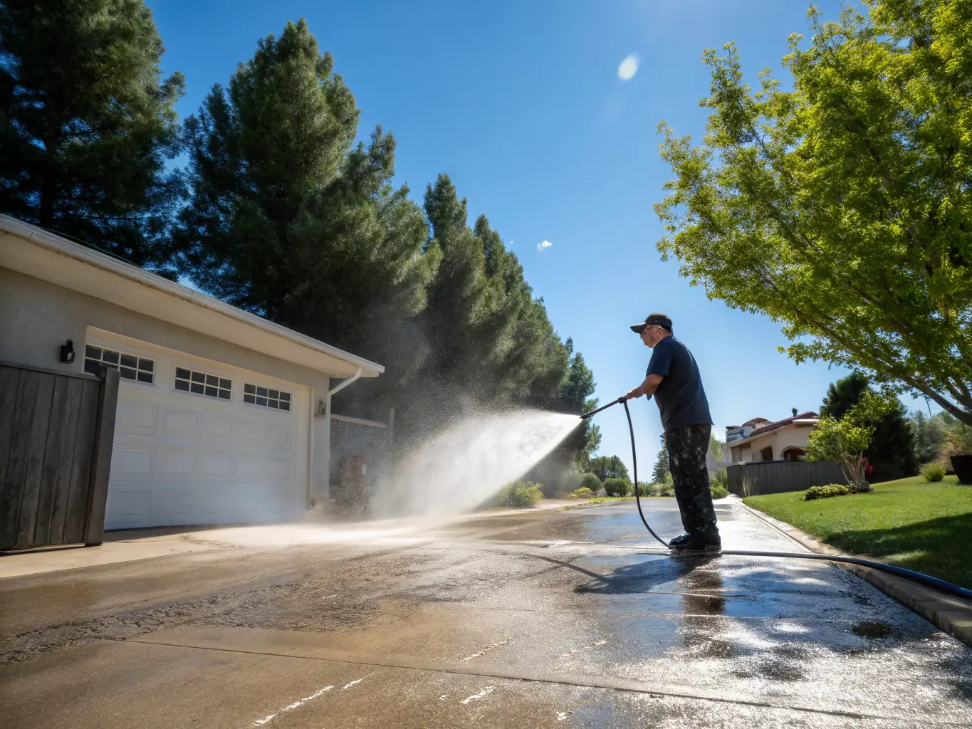 A professional technician using a soft wash system to clean the vinyl siding of a two-story suburban home in Rochester, NY, with lush green landscaping and clear blue sky in the background.