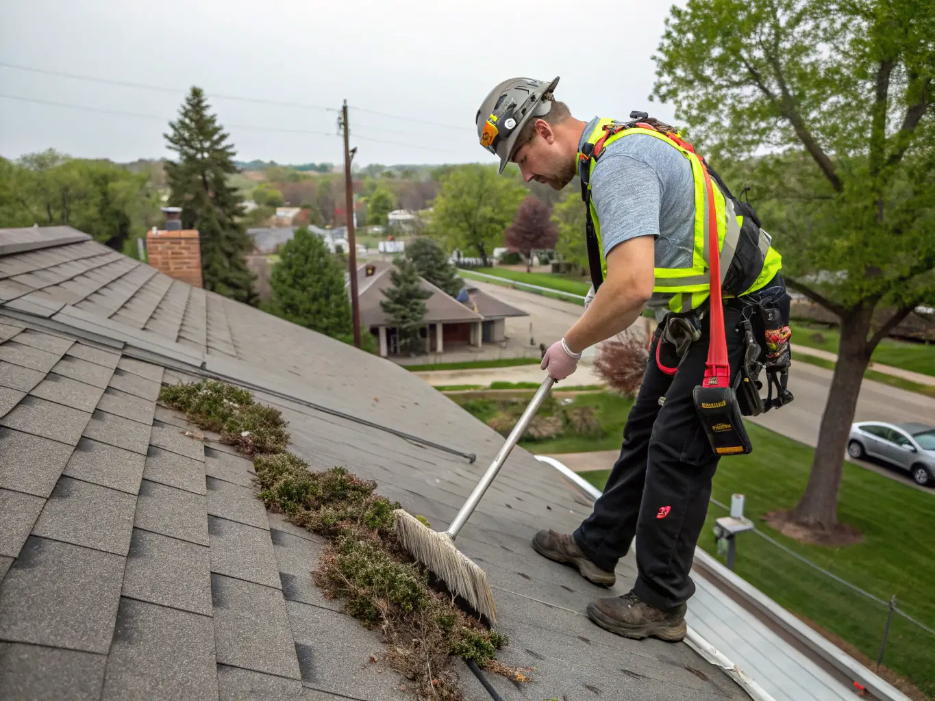 A close-up of a technician spraying a residential roof with eco-friendly cleaning solution, removing dark streaks and moss, with a Rochester neighborhood visible in the distance.