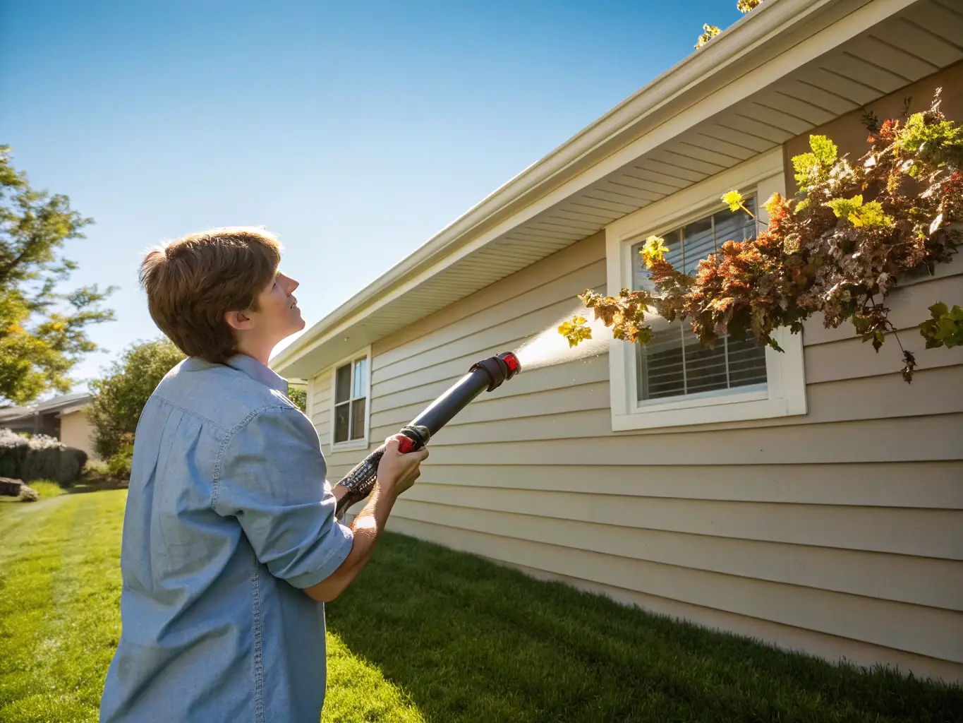 A worker clearing leaves and debris from a white gutter system on a brick house, with water flowing freely through the downspout, set against a leafy Rochester street.